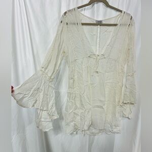 Raviya swim cover up solid white long bell sleeve hippie festival dress size S